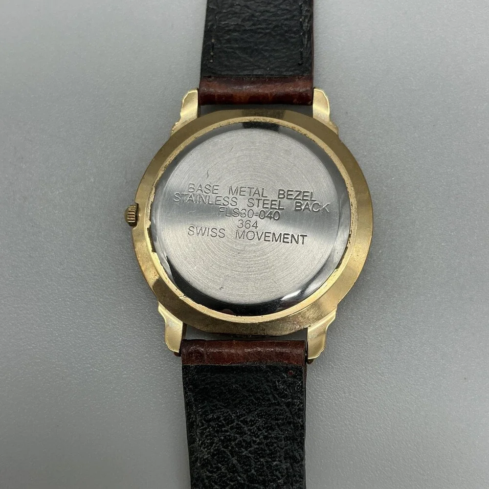 Elgin Swiss Mens Watch 36mm Gold Tone Brown Leather FLS30-040 New Battery